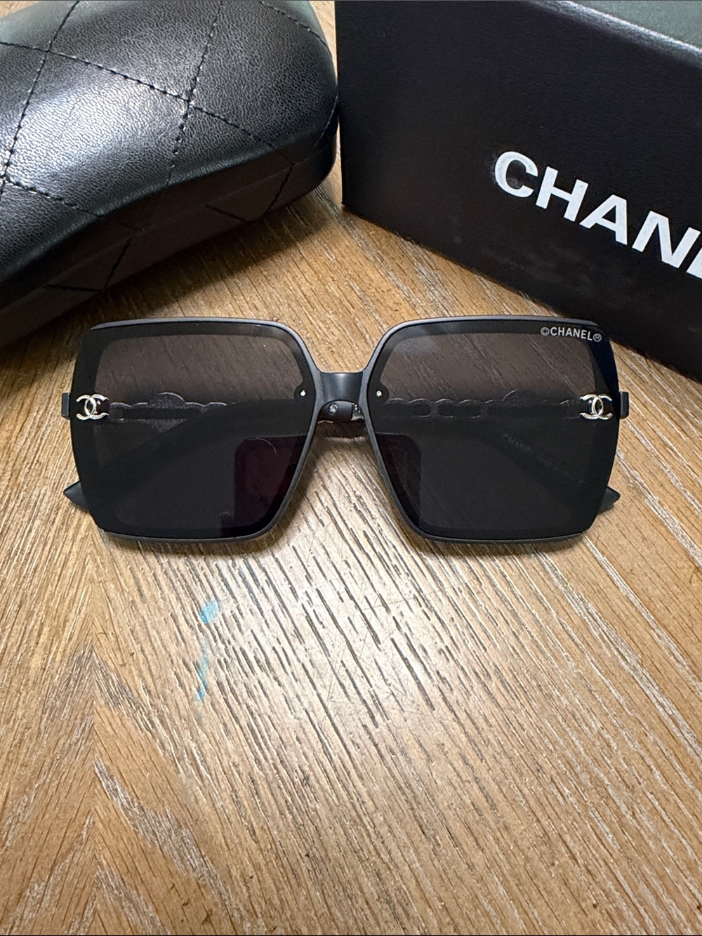 CHANEL Black & Silver Oversized Square Sunglasses with CC Logo